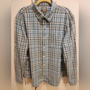 St. John's Bay Men's Light Blue and Navy Plaid Shirt